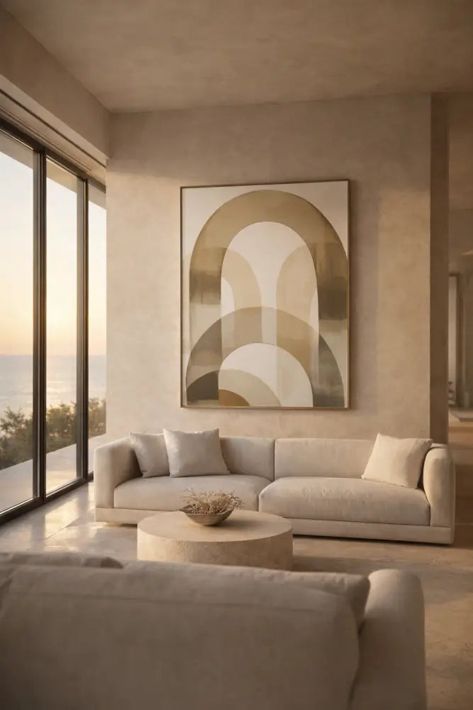 Canapé d’angle beige au design doux et minimaliste avec coussins décoratifs assortis.