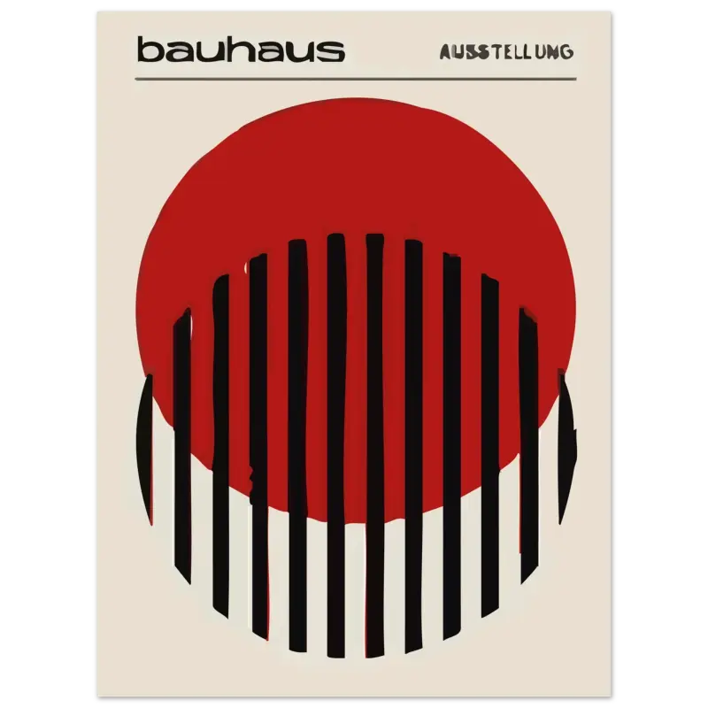 Affiche d’exposition Bauhaus mettant en scène un cercle rouge audacieux avec des barres verticales noires traversant sa moitié inférieure.