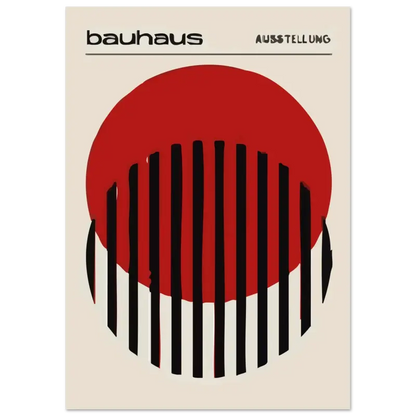 Un poster d’exposition bauhaus minimaliste présentant un cercle rouge audacieux avec des barres verticales noires sur un fond blanc cassé.