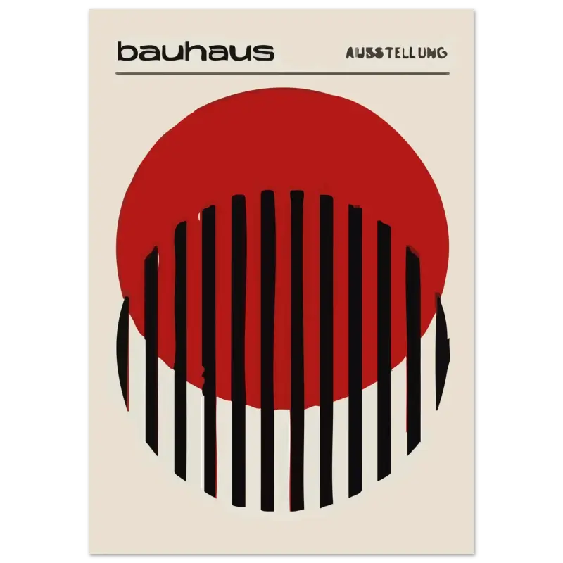 Un poster d’exposition bauhaus minimaliste présentant un cercle rouge audacieux avec des barres verticales noires sur un fond blanc cassé.