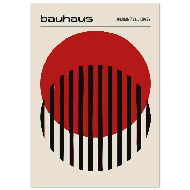 Affiche d’exposition Bauhaus présentant un cercle rouge audacieux avec des barres verticales noires sur un fond blanc cassé.
