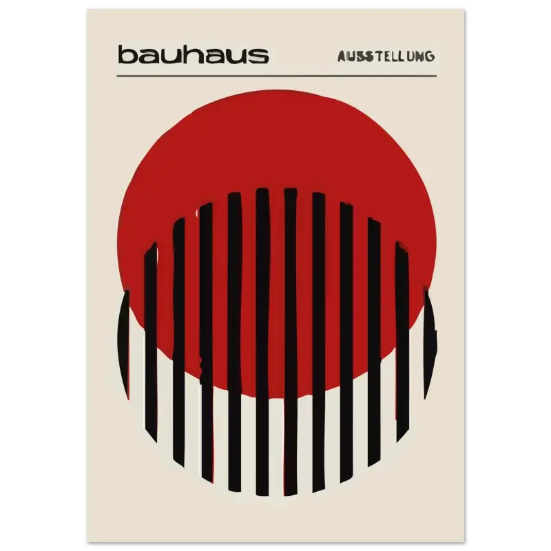 Un poster d’exposition bauhaus minimaliste présentant un cercle rouge audacieux avec des barres verticales noires traversant sa moitié inférieure.