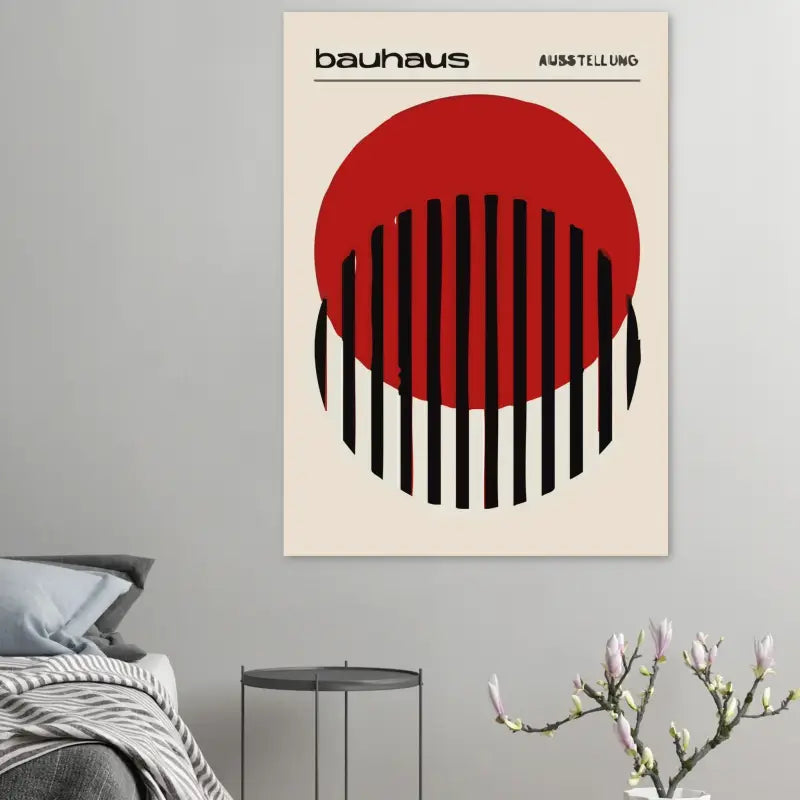 Un poster minimaliste de style Bauhaus présentant un cercle rouge audacieux avec des barres verticales noires, imprimé sur du papier de couleur crème.