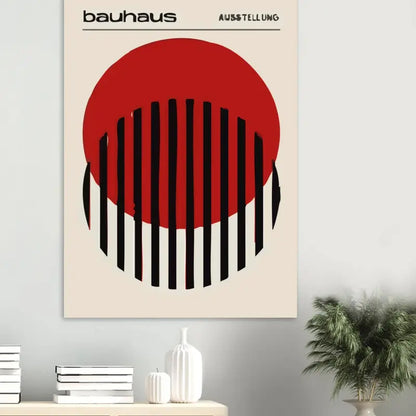 Une affiche minimaliste de style Bauhaus présentant un cercle rouge audacieux intersecté par des barres verticales noires sur un fond blanc cassé.
