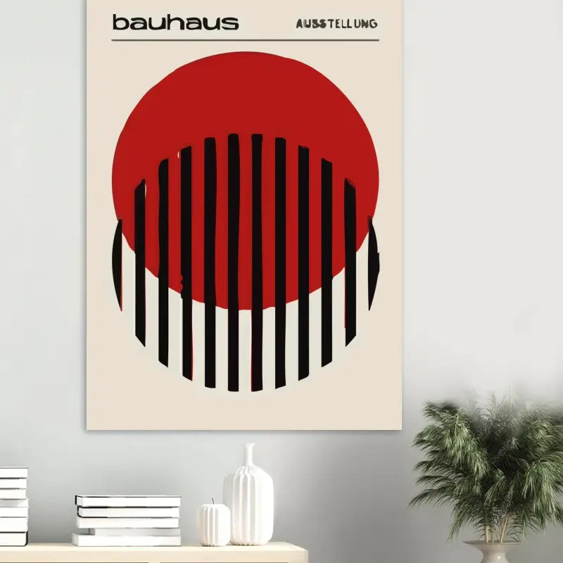 Une affiche minimaliste de style Bauhaus présentant un cercle rouge audacieux intersecté par des barres verticales noires sur un fond blanc cassé.