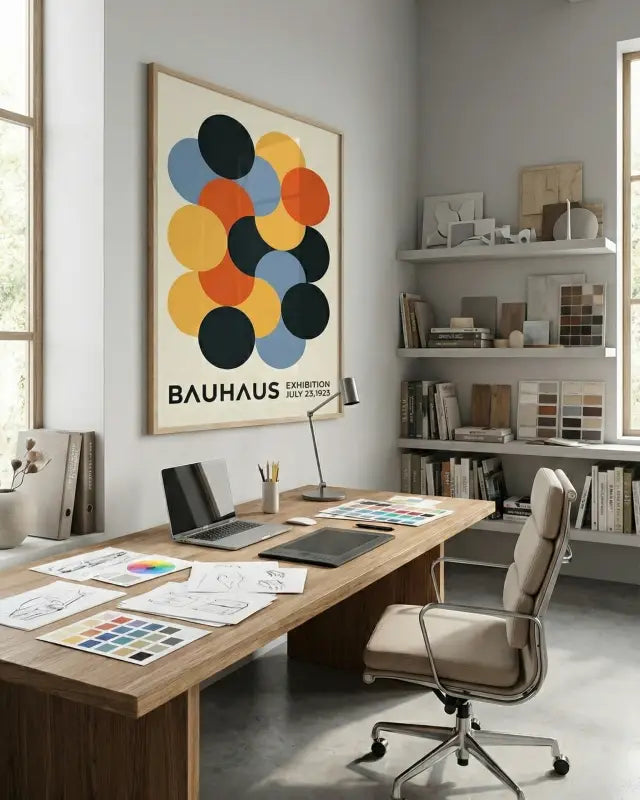 Une affiche Bauhaus encadrée présentant des cercles superposés en noir, orange, jaune et bleu sur un fond crème.