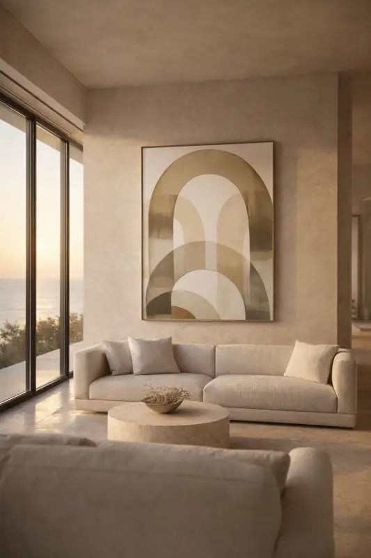 Canapé d’angle beige au design doux et minimaliste avec coussins décoratifs assortis.