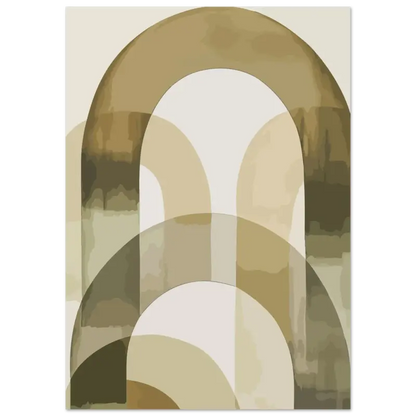 Impression abstraite mettant en scène des arches superposées dans des tons terreux de beige, de tan et d’olive atténué.