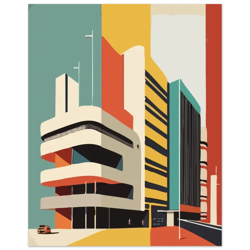 Bâtiment moderniste stylisé aux formes géométriques audacieuses, rendu en tons crème, orange, jaune et teal sur un arrière-plan urbain minimaliste.