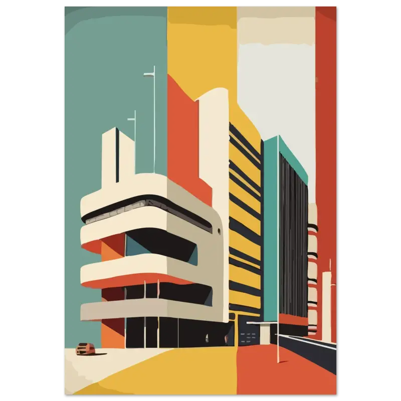 Une illustration stylisée d’un bâtiment moderniste aux formes géométriques audacieuses, avec des accents crème et orange sur des panneaux teal et jaune.