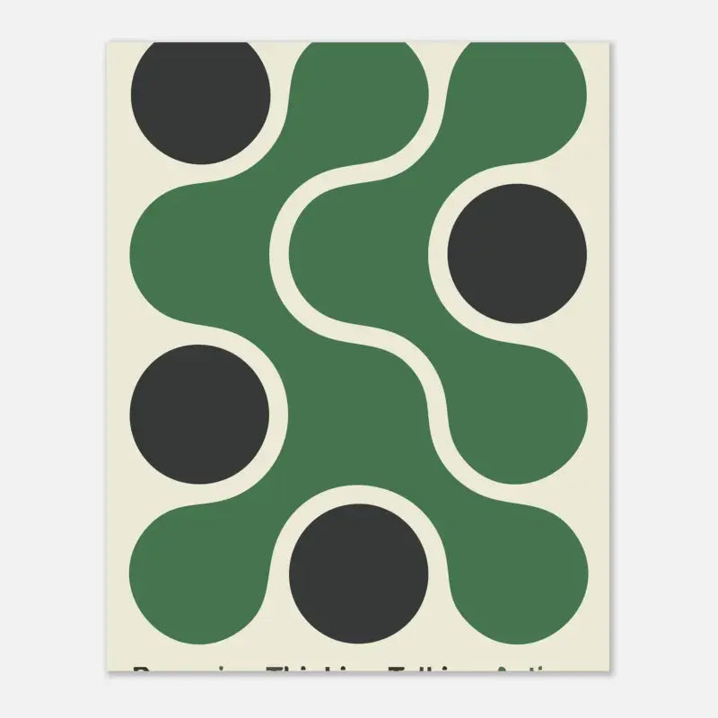 Une impression d’art abstrait moderne mettant en scène des formes circulaires audacieuses vertes et noires reliées par des lignes blanches fluides sur un fond de couleur crème.