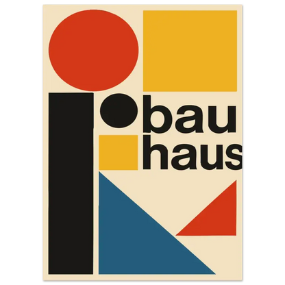 Le logo iconique du Bauhaus, présentant des formes géométriques audacieuses en rouge, jaune, noir et bleu sur un fond crème.