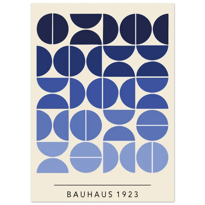 Une affiche minimaliste inspirée du Bauhaus présentant une grille de formes circulaires bleu marine et bleu clair sur un fond blanc cassé, avec le texte « bauhaus 1923 » en bas.