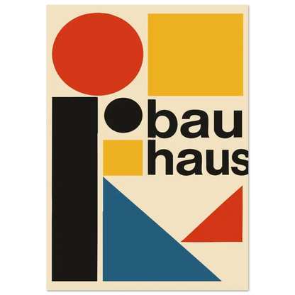 Le logo iconique du Bauhaus, présentant des formes géométriques audacieuses en rouge, jaune, noir et bleu sur un fond crème.