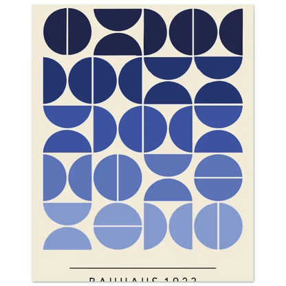 Une affiche d’art abstrait minimaliste présentant une grille de demi-cercles bleu marine et bleu clair sur un fond blanc cassé, avec le texte « baiyuan 1923 » au bas.