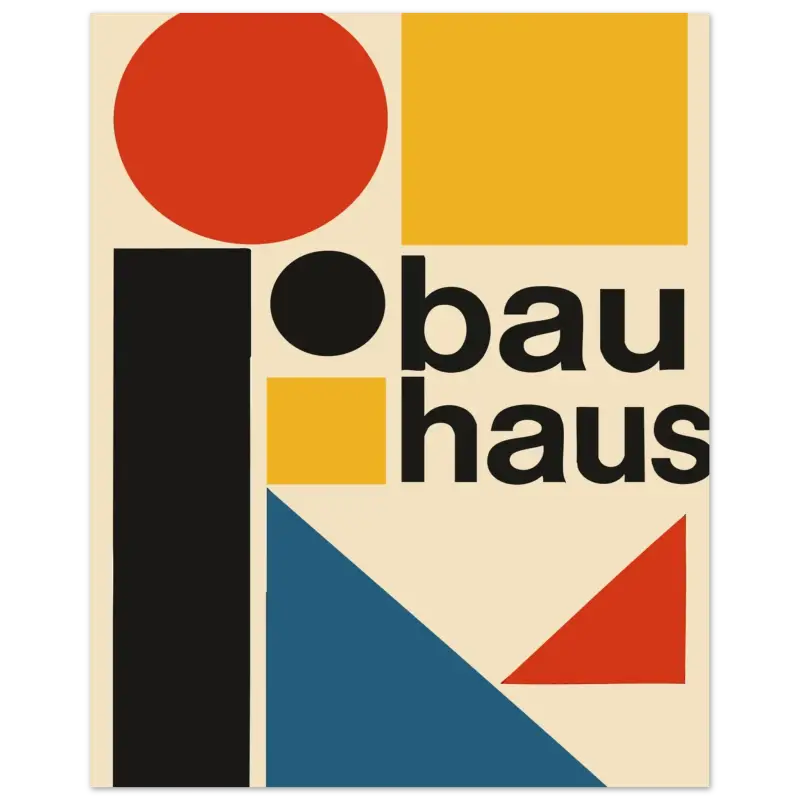 Le logo du Bauhaus, présentant une lettre noire audacieuse sur un fond crème avec des formes géométriques en rouge, jaune et bleu.