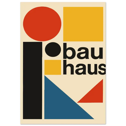 Le logo iconique du Bauhaus, présentant des formes géométriques audacieuses en rouge, jaune, noir et bleu sur un fond crème avec le mot « bauhaus » en lettres noires nettes.