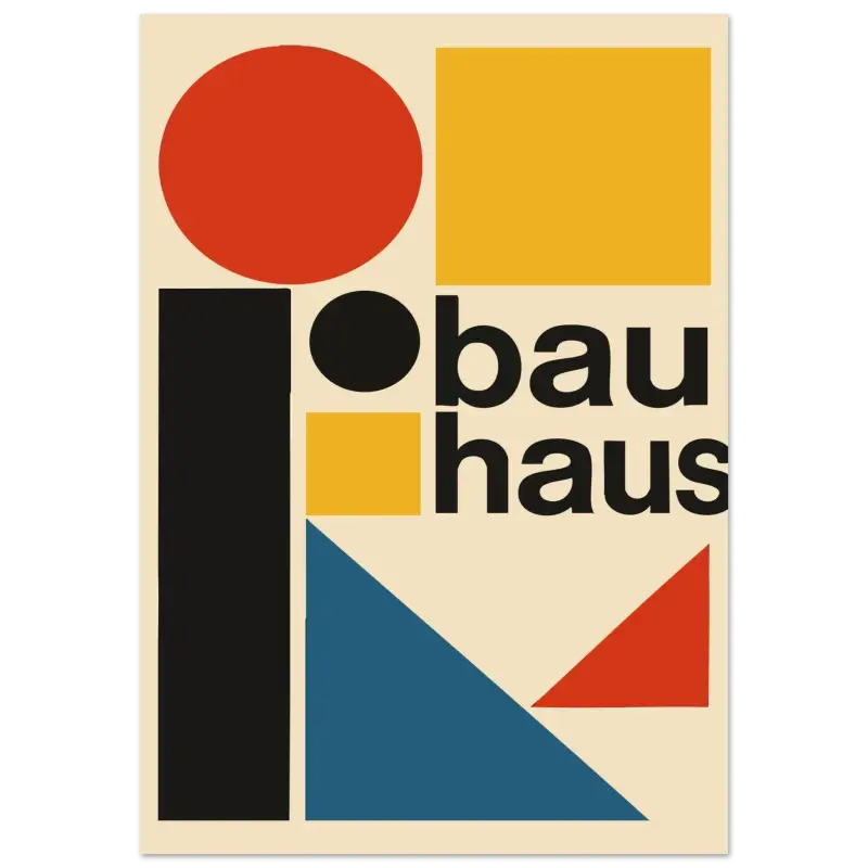 Le logo iconique du Bauhaus, présentant des formes géométriques audacieuses en rouge, jaune, noir et bleu sur un fond crème avec le mot « bauhaus » en lettres noires nettes.