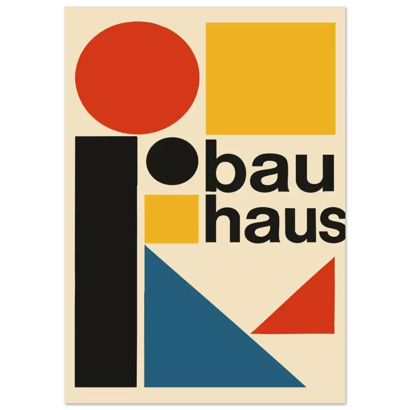 Le logo iconique du Bauhaus, présentant des formes géométriques audacieuses en rouge, jaune, noir et bleu sur un fond crème.