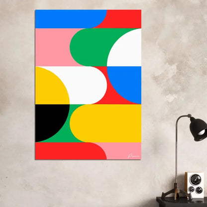 Toile abstraite vibrante mettant en scène des formes géométriques audacieuses en bleu, rouge, rose, vert, jaune, blanc et noir.