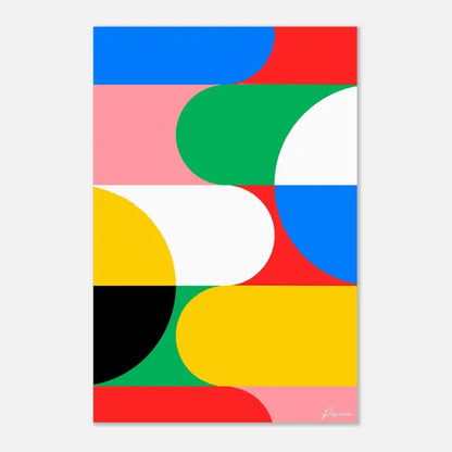 Impression d’art abstrait vibrant mettant en scène des formes géométriques audacieuses en bleu, rouge, vert, jaune, rose, blanc et noir.