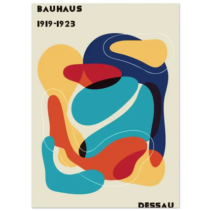 Affiche d’art abstrait vibrant mettant en scène des formes fluides en bleu, rouge, orange et jaune audacieux sur un fond crème.