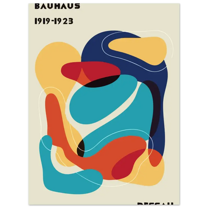 Affiche abstraite vibrante présentant des formes audacieuses et fluides en teal, rouge, orange et bleu marine sur un fond crème.