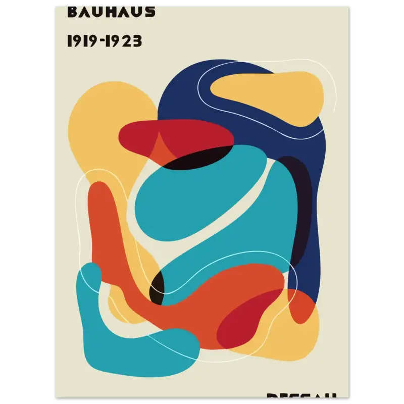 Affiche abstraite vibrante présentant des formes audacieuses et fluides en teal, rouge, orange et bleu marine sur un fond crème.