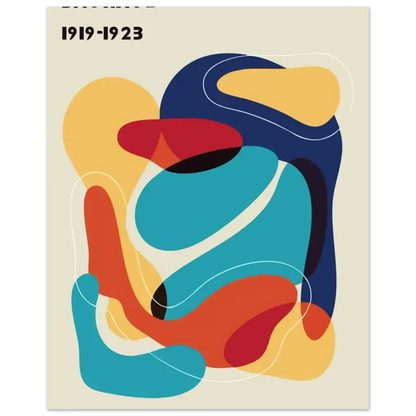 Affiche d’art abstrait vibrant mettant en scène des formes fluides en bleu, rouge, orange et jaune audacieux sur un fond crème.