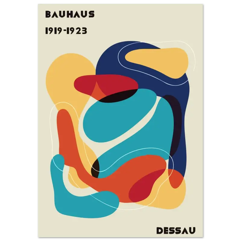 Une affiche abstraite vibrante présentant des formes audacieuses et fluides en bleu, rouge, orange et jaune sur un fond crème.