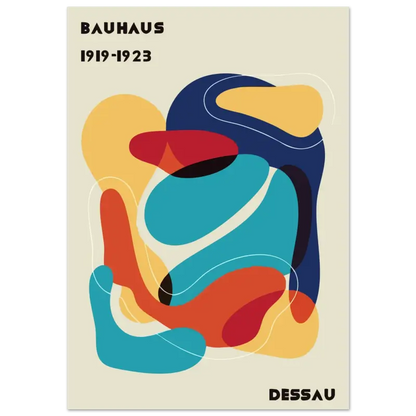 Affiche d’art abstrait vibrant mettant en scène des formes audacieuses et fluides en teal, rouge, orange et marine sur un fond crème.