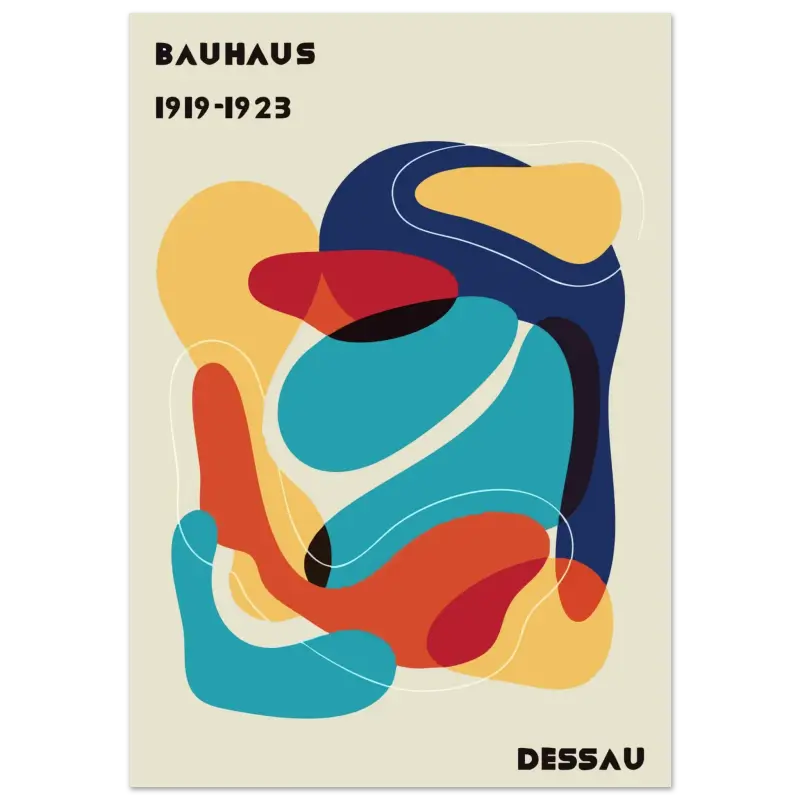 Affiche d’art abstrait vibrant mettant en scène des formes audacieuses et fluides en teal, rouge, orange et marine sur un fond crème.