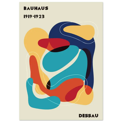 Affiche d’art abstrait mettant en scène des formes audacieuses et fluides en bleu, rouge, orange et jaune sur un fond crème.