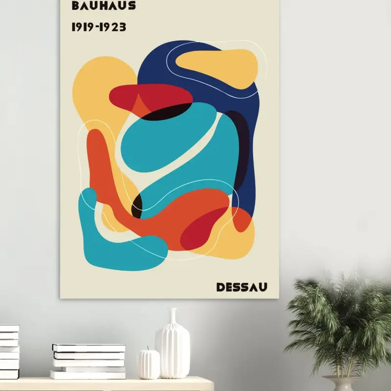 Affiche abstraite vibrante de style Bauhaus mettant en scène des formes organiques audacieuses en bleu, rouge et jaune sur un fond crème avec le texte « bauhaus 1919-1923 » et « dessau ».