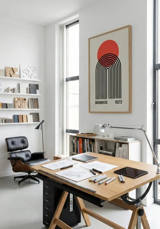 Un bureau de dessin en bois minimaliste avec un cadre en métal noir élégant et une hauteur réglable, doté d’un tiroir de rangement intégré sous la surface.