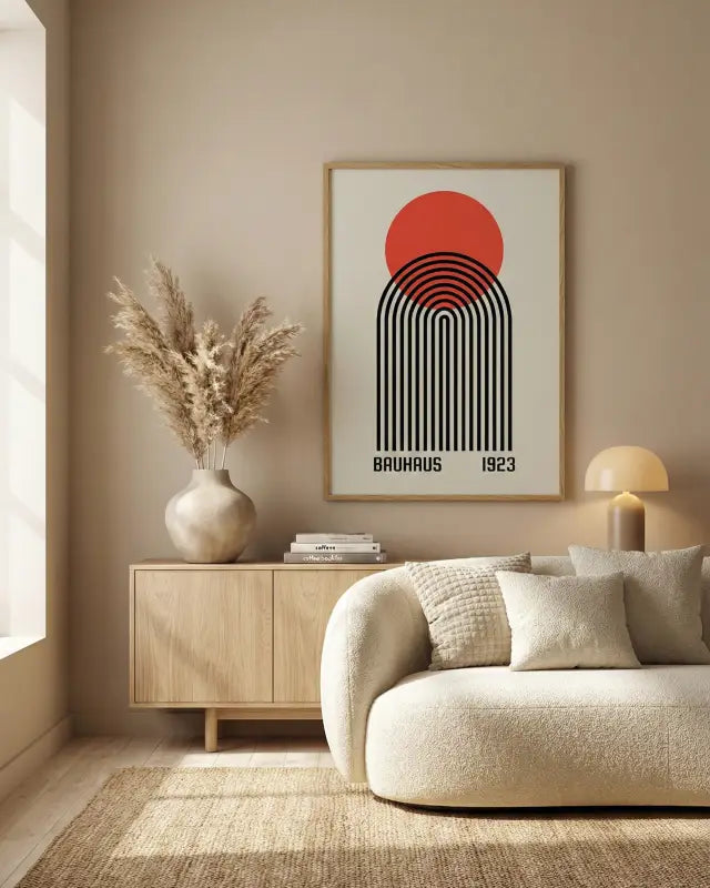 Une affiche encadrée minimaliste avec un soleil circulaire rouge audacieux au-dessus d’arches concentriques noires, étiquetée « bauhaus 1923 » en police sans-serif propre.