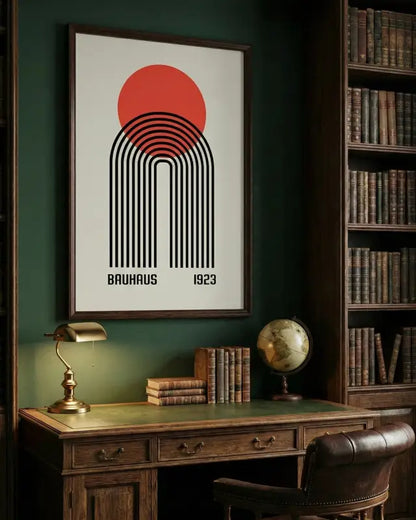 Un poster encadré inspiré du Bauhaus présentant un cercle rouge audacieux au-dessus d’arches concentriques noires sur un fond blanc, avec « bauhaus 1923 » imprimé en dessous en texte noir.