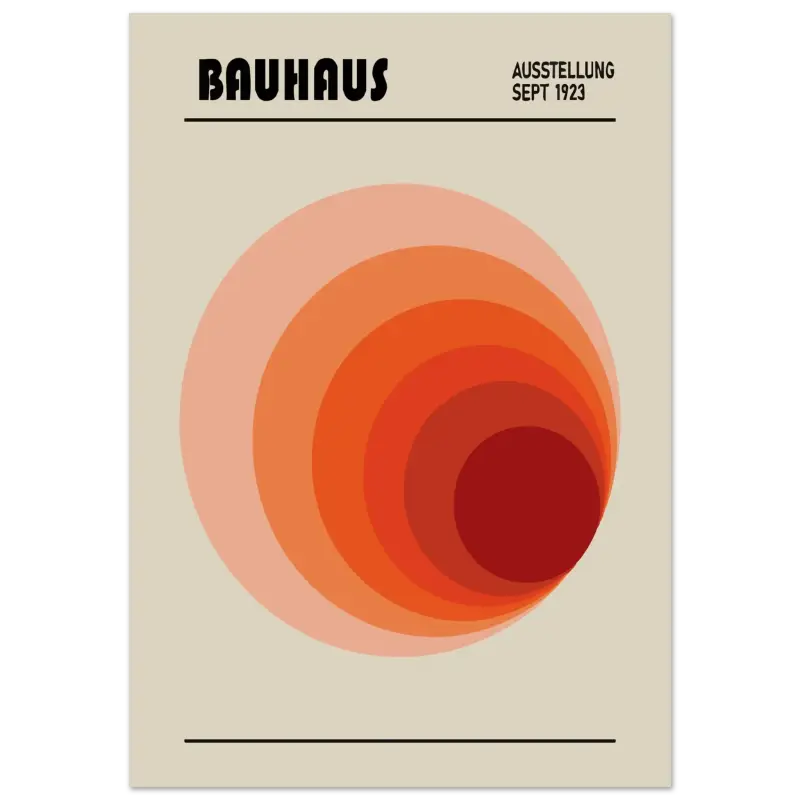 Une affiche minimaliste présentant des cercles concentriques orange et rouge sur un fond beige, avec le texte « bauhaus » en haut.