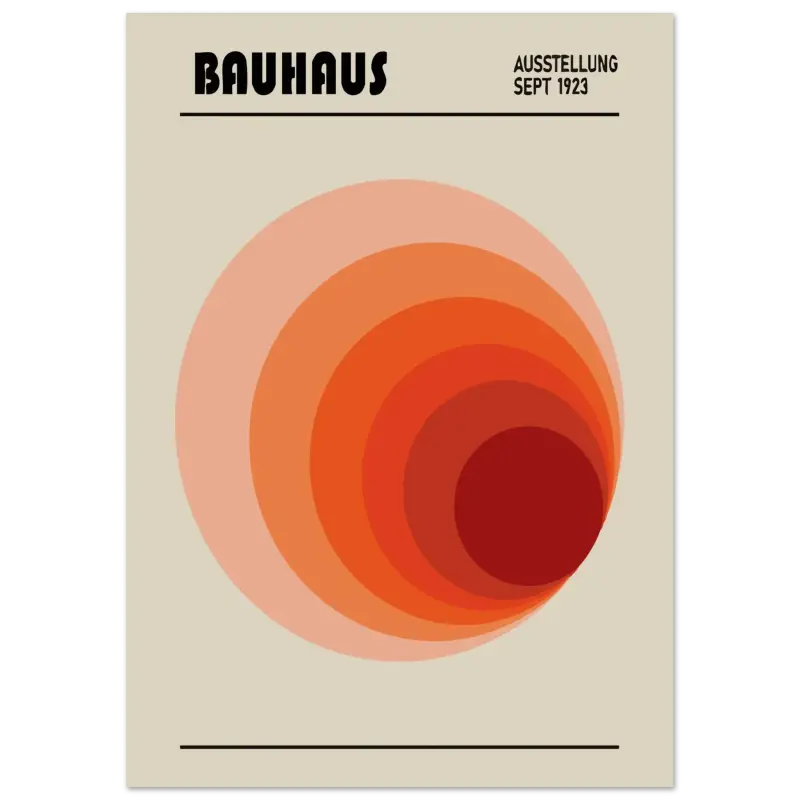 Une affiche minimaliste présentant des cercles concentriques orange et rouge sur un fond beige, avec le texte « bauhaus » en haut.