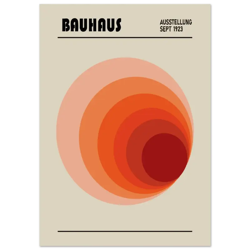 Une affiche minimaliste présentant des cercles concentriques orange et rouge sur un fond beige, avec le texte « bauhaus » en haut.