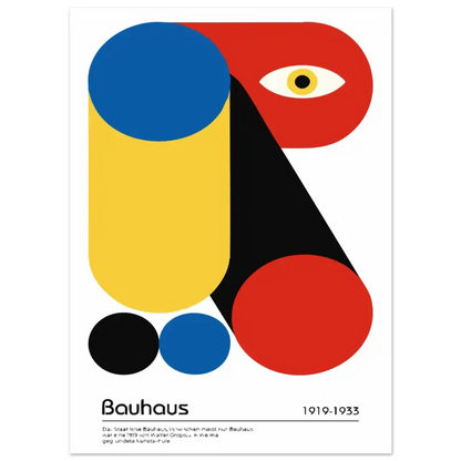 Un poster bauhaus audacieux et géométrique présentant un visage stylisé composé de couleurs primaires et secondaires — bleu, jaune, rouge, noir — avec un détail d’œil dans le coin supérieur droit.