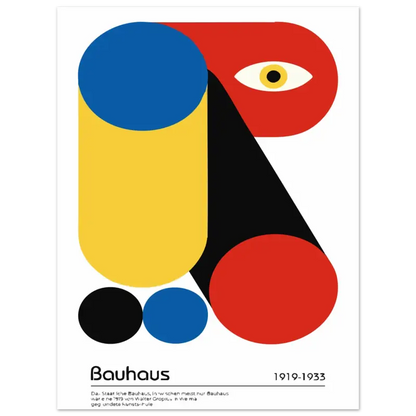 Un poster bauhaus audacieux et géométrique présentant un œil stylisé formé par des formes rouges et noires avec des éléments circulaires vibrants en bleu, jaune et noir.