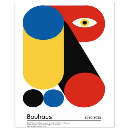 Un poster Bauhaus audacieux et abstrait présentant un œil stylisé et des formes géométriques en rouge, bleu, jaune et noir vibrants.
