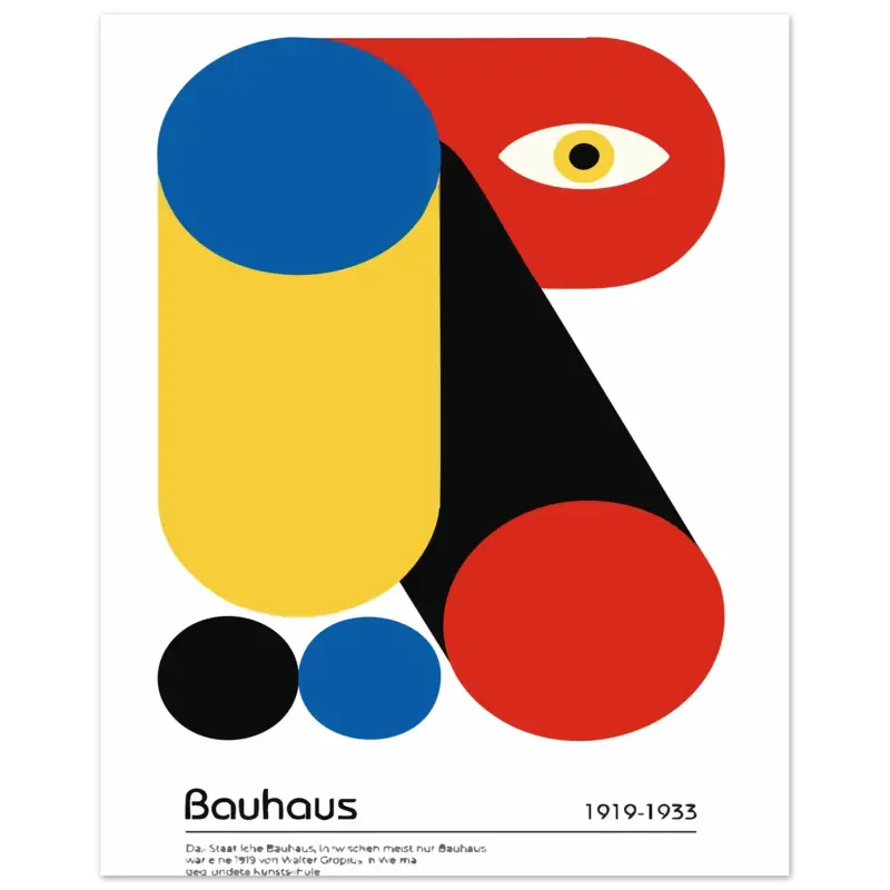 Un poster Bauhaus audacieux et abstrait présentant un œil stylisé et des formes géométriques en rouge, bleu, jaune et noir vibrants.