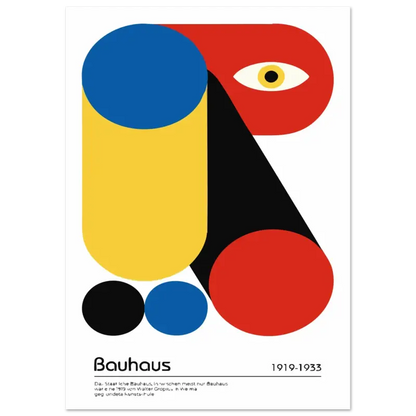 Affiche géométrique vibrante Bauhaus mettant en scène des formes abstraites audacieuses en rouge, jaune, bleu et noir avec un œil stylisé.
