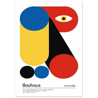 Un poster minimaliste Bauhaus mettant en scène des formes géométriques audacieuses en couleurs primaires et noir, avec un œil stylisé formé par des courbes rouges.