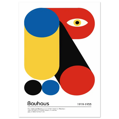 Un poster vibrant Bauhaus présentant des formes géométriques audacieuses en rouge, bleu, jaune et noir avec un design d’œil stylisé.