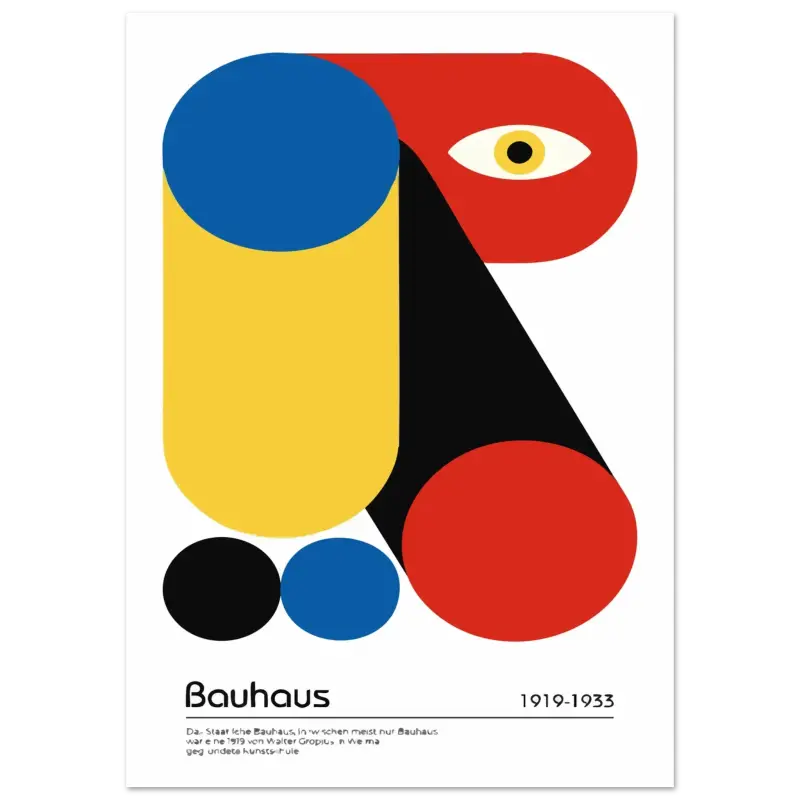 Un poster vibrant Bauhaus présentant des formes géométriques audacieuses en rouge, bleu, jaune et noir avec un design d’œil stylisé.