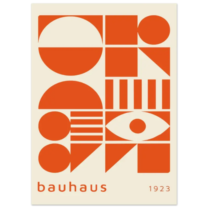 Affiche géométrique bauhaus orange mettant en scène des formes audacieuses et un motif d’œil sur un fond crème.