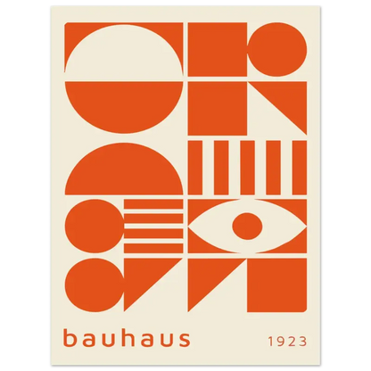 Affiche géométrique orange Bauhaus mettant en scène des formes audacieuses et le mot « bauhaus » avec l’année 1923.